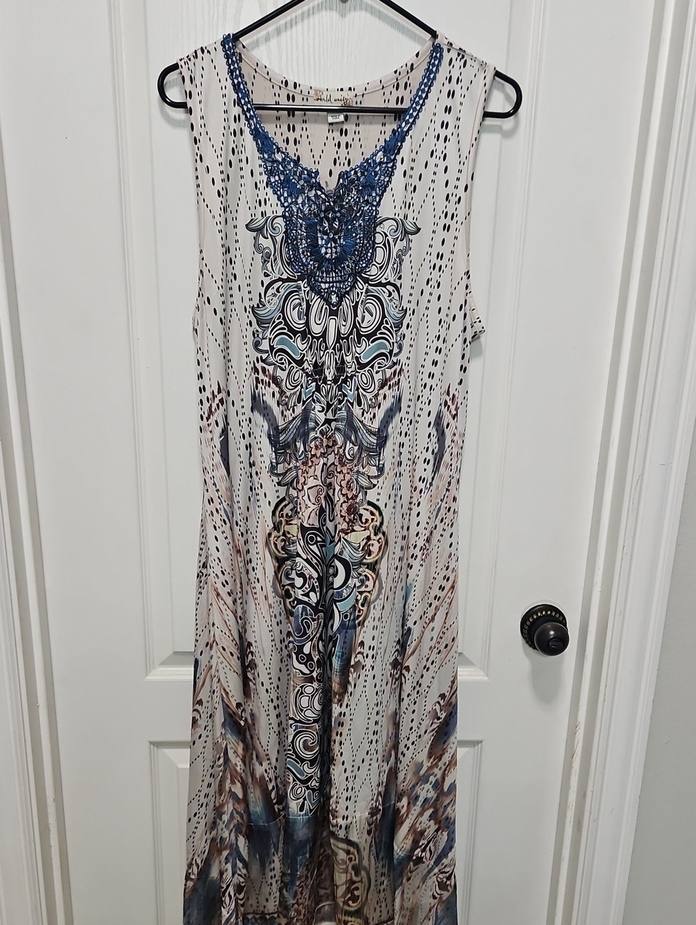 Sleeveless Printed Maxi Dress in White and Blue by Bellamy Lane